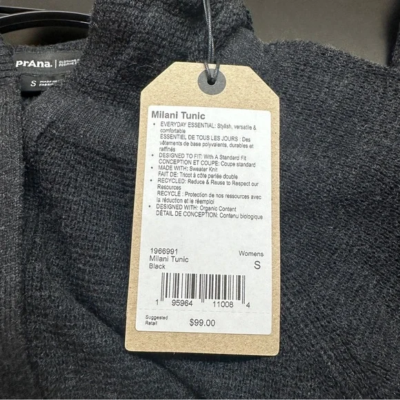 Prana Women's Milani Tunic Hoodie Sweater Size Small Black Organic Cotton Wool - Picture 6 of 12